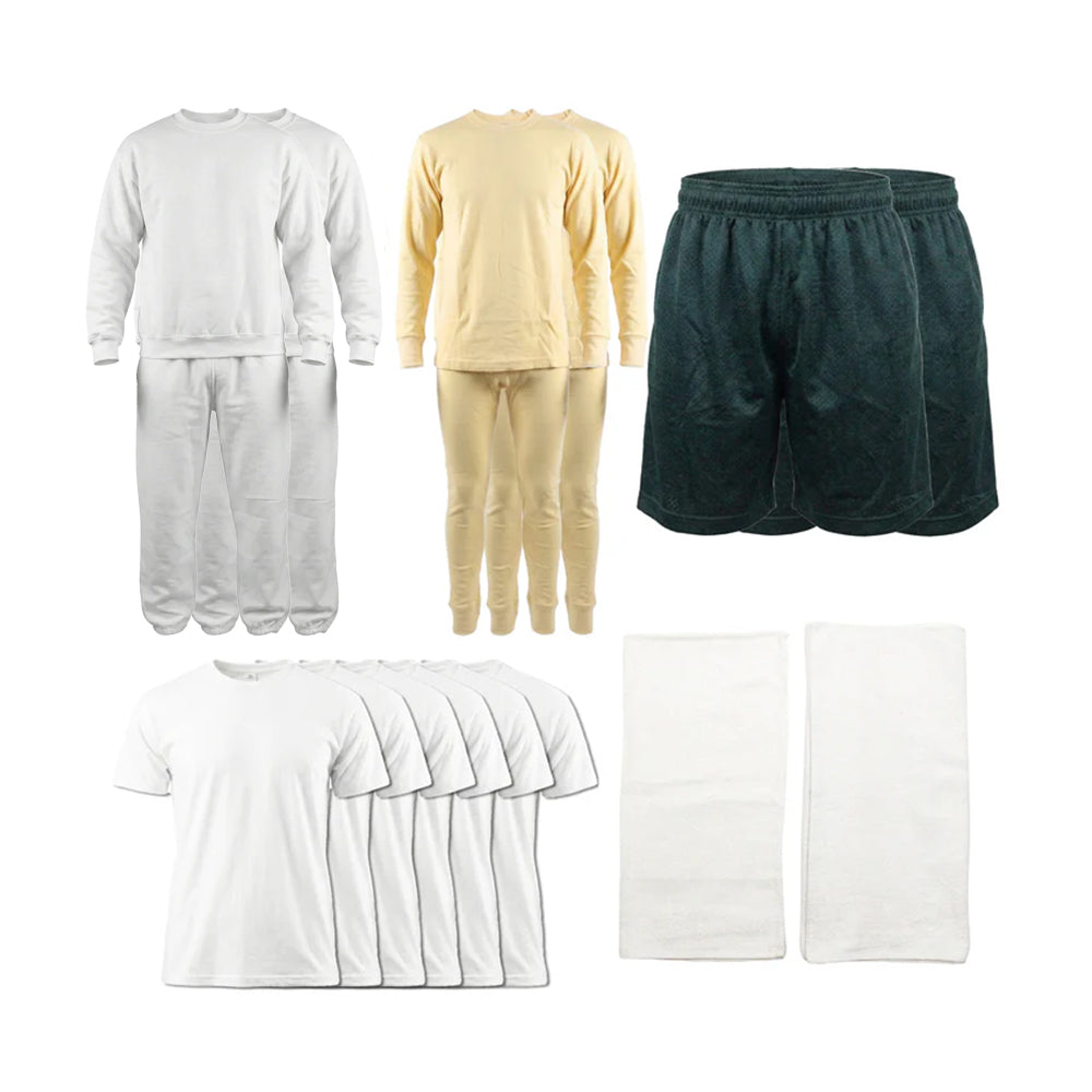 Inmate Package 2 [2 Sweat Suit, 2 Thermal Set, 2 Shorts, T-shirt (Pack of 6), 2 Towels]