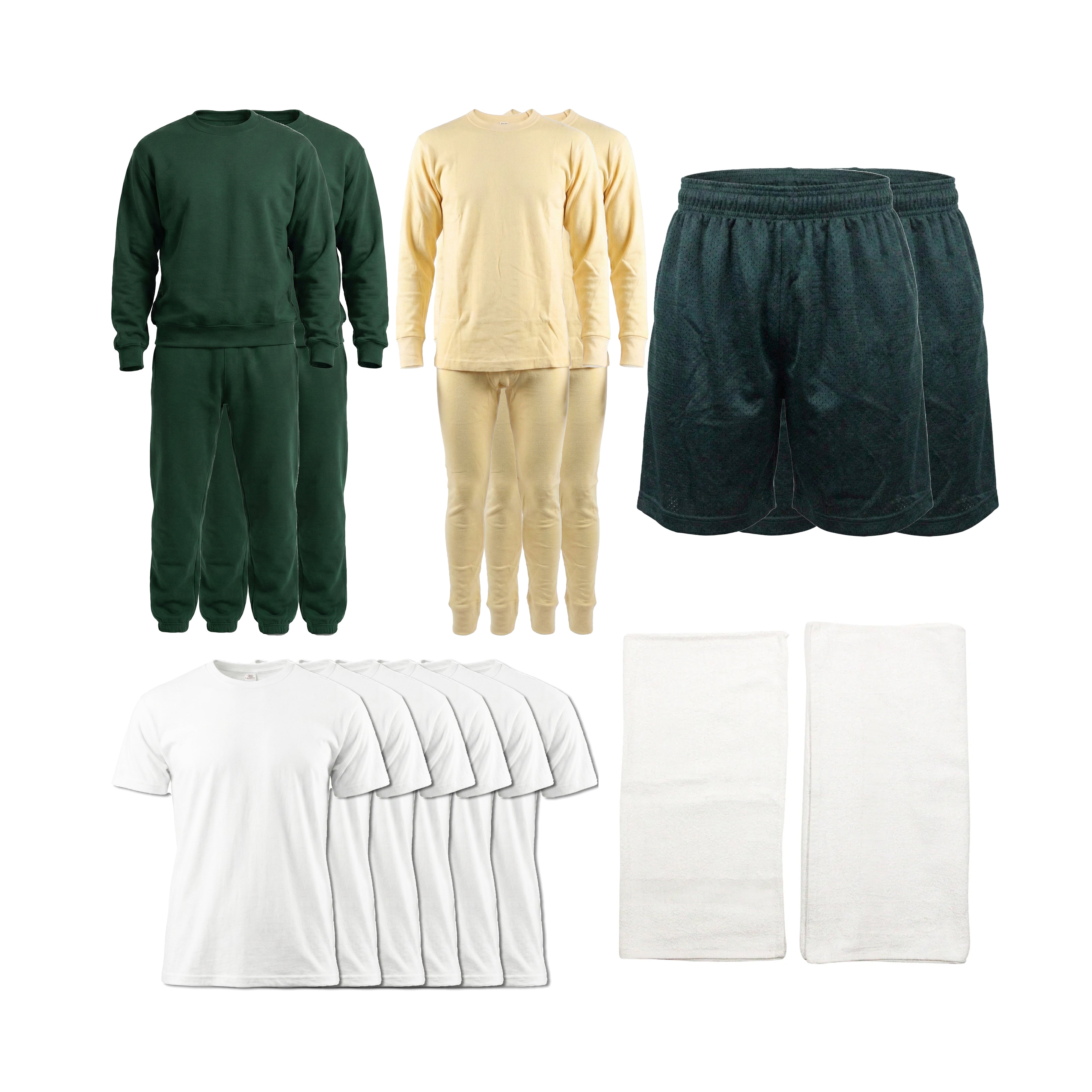 Inmate Package 2 [2 Sweat Suit, 2 Thermal Set, 2 Shorts, T-shirt (Pack of 6), 2 Towels]